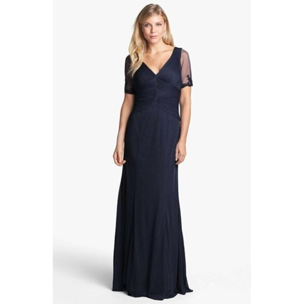 Adrianna Papell Embellished Sleeve Ruched Bodice Mesh Sleeves Dress